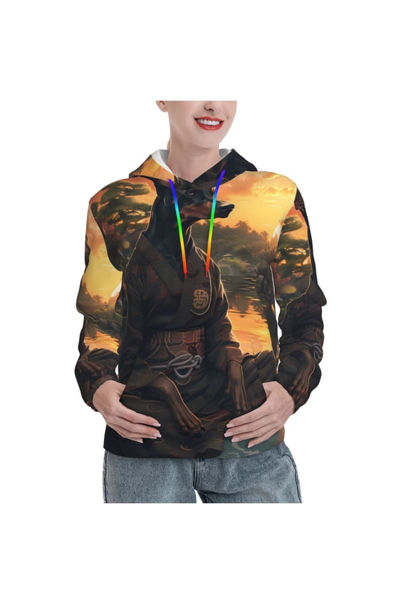 Sunset Meditating Doberman Print Womens Oversized Hoodies Sweatshirts Hooded Pullover Tops Sweaters Casual-Large