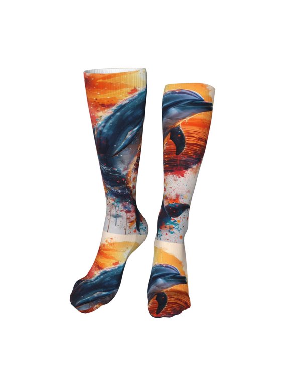 Sunset Ocean Watercolor Dolphin Funny Silky Novelty Funky Long Knee High Socks Soft 3D Print Cosplay Crazy Stockings for Men Women