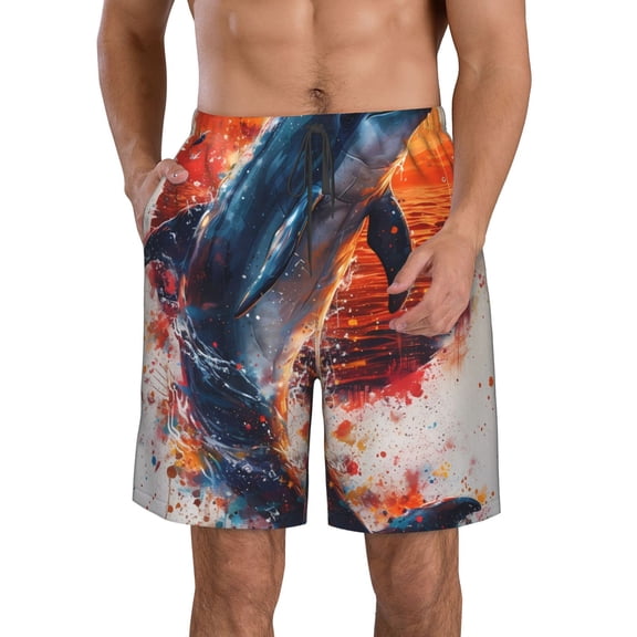 Kdxio Sunset Ocean Watercolor Dolphin Pattern Mens Casual Shorts - Drawstring Summer Beach Sports Shorts for Men
