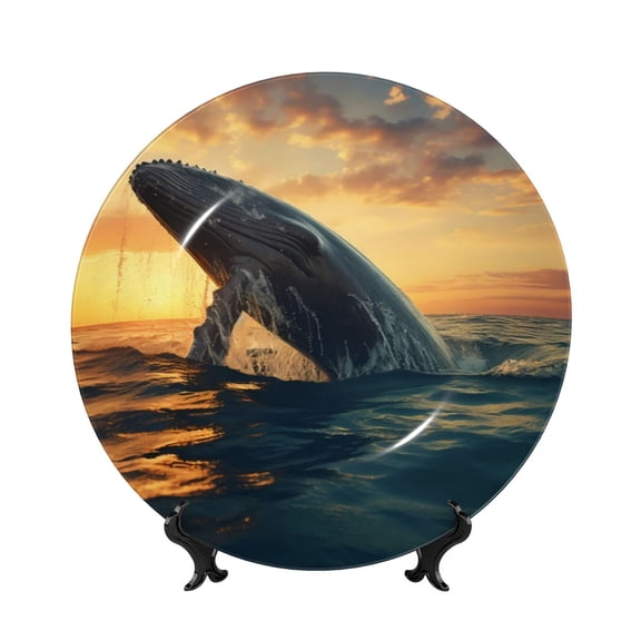 Kdxio Sunset Ocean Whale Bone China Decorative Plate Ceramic Decorative Plate for Home Office Wall Stand Decorative Plates for Home Bedroom-6in