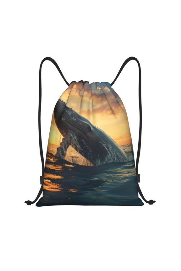 Sunset Ocean Whale Print Drawstring Backpack Bag,Waterproof Draw String Back Sack, Gym Drawstring Bags Swim Bag For Unisex
