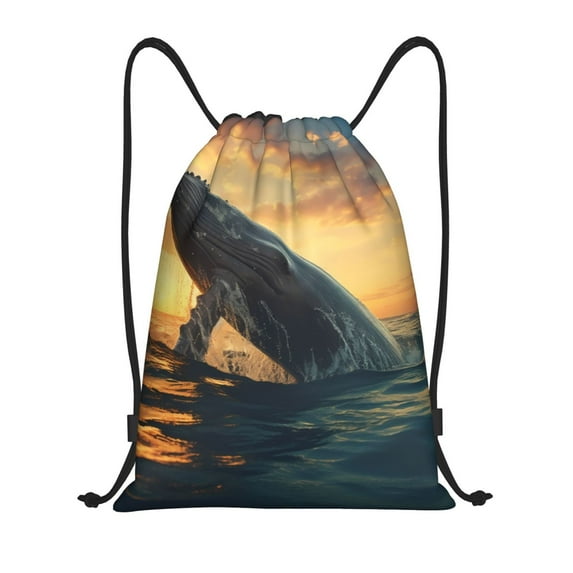 Kdxio Sunset Ocean Whale Print Drawstring Backpack Bag,Waterproof Draw String Back Sack, Gym Drawstring Bags Swim Bag For Unisex