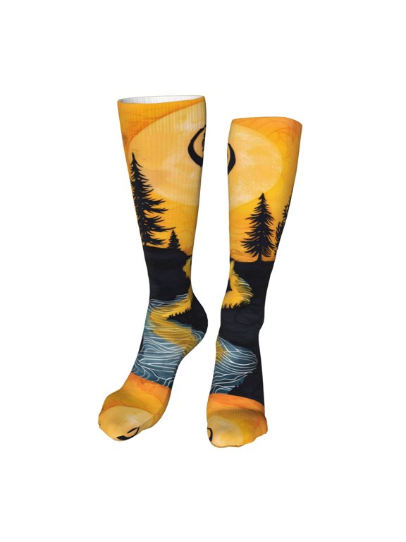 Sunset River Pine Trees Funny Silky Novelty Funky Long Knee High Socks Soft 3D Print Cosplay Crazy Stockings for Men Women