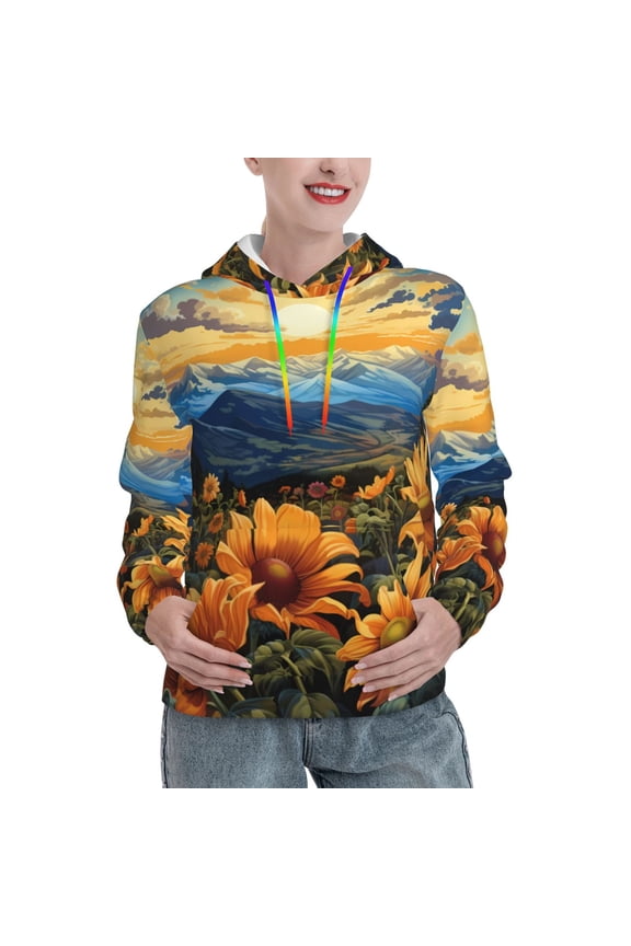 Sunset Sky Sunflower Print Womens Oversized Hoodies Sweatshirts Hooded Pullover Tops Sweaters Casual-Large