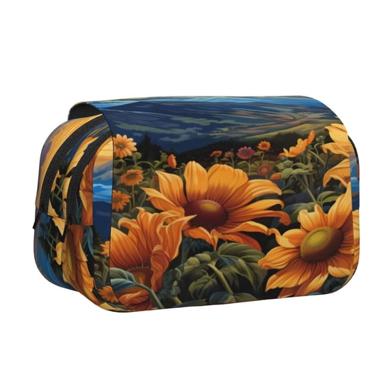 Kdxio Sunset Sky Sunflower for Double Compartment Pen Case Oxford Organizer with Zipper Pockets for Students Artists