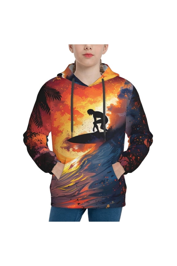 Sunset Surfing Silhouette Pattern Boys Athletic Unisex Boys Girls Hoodie with Pocket Sweatshirts-X-Large