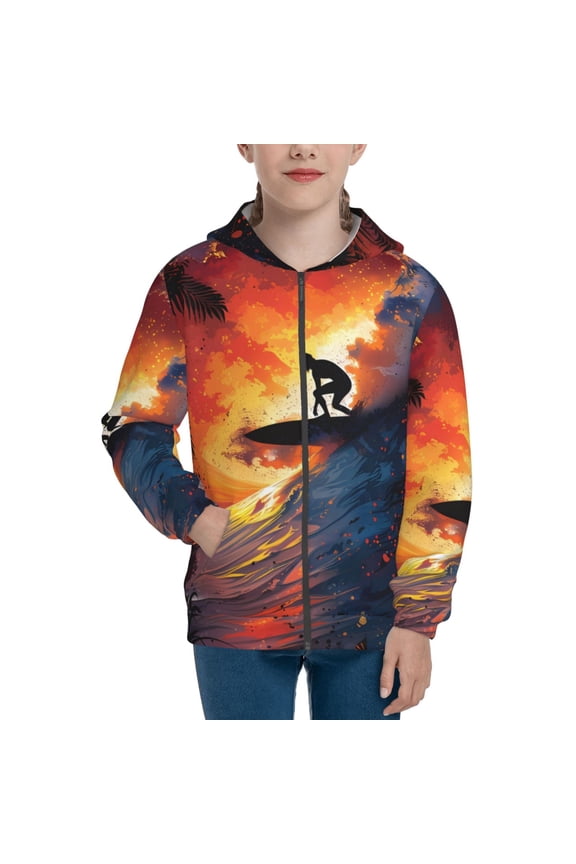 Sunset Surfing Silhouette Pattern Kids Boys Girls Zip Up Hoodie 3D Printed Hooded Sweatshirt Hoody Coat with Pocket 7-12 Y-Small