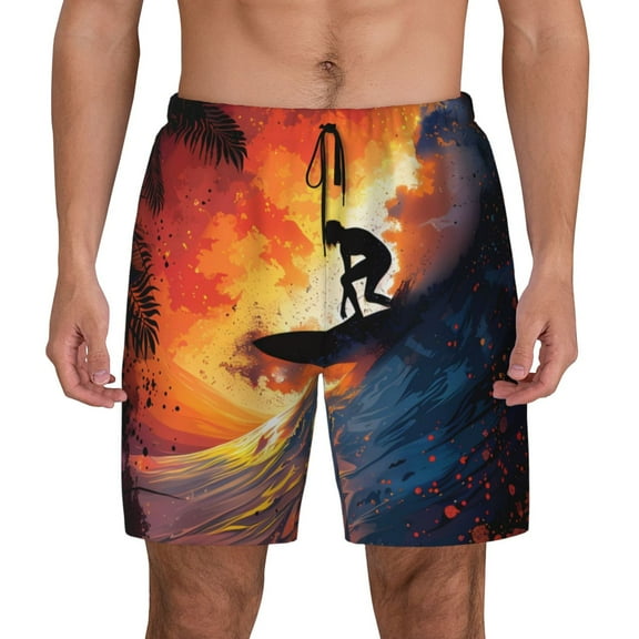 Kdxio Sunset Surfing Silhouette Print Men's Swim Trunks with Compression Liner 7 Inch Inseam Quick Dry Swim Shorts