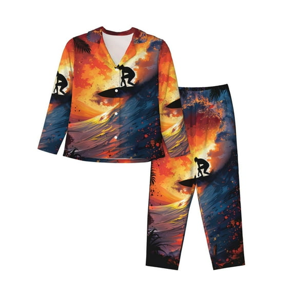 Kdxio Sunset Surfing Silhouette Women's Pajama Sets Long Sleeve Button Down Sleepwear Nightwear Soft Pjs Lounge Sets-XX-Large