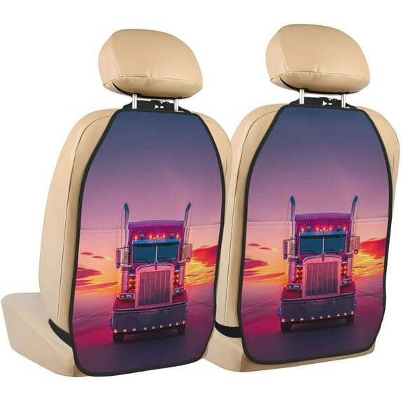 Kdxio Sunset Truck Highway Print 2 Pack Car Kick Mat Seat Cover Back Protector Mat with Pockets for Organizer Backseat Protector and Storage Anti Kick Pad for Vehicles