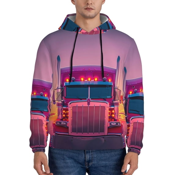 Kdxio Sunset Truck Highway Print Mens Casual Hooded Collar Drawstring Hoodies Pullover Sweatshirts Casual Long Sleeve Shirts-XX-Large