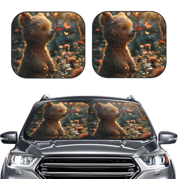 Kdxio Sunshine Butterfly Flower Bear Print 2-Piece Sun Shade Front Windshield - Foldable Car Front Window Sunshades for Most Sedans SUV Truck