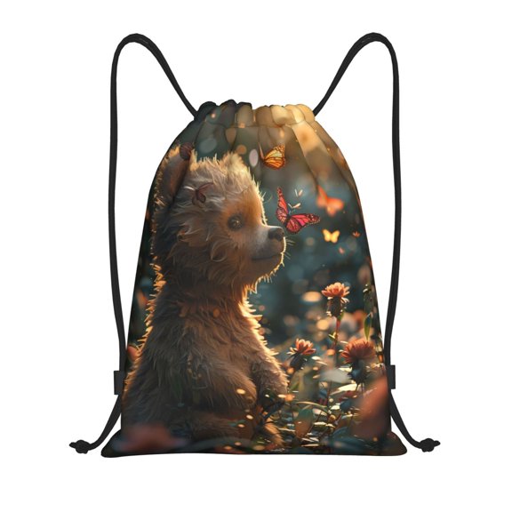 Kdxio Sunshine Butterfly Flower Bear Print Drawstring Backpack Bag,Waterproof Draw String Back Sack, Gym Drawstring Bags Swim Bag For Unisex