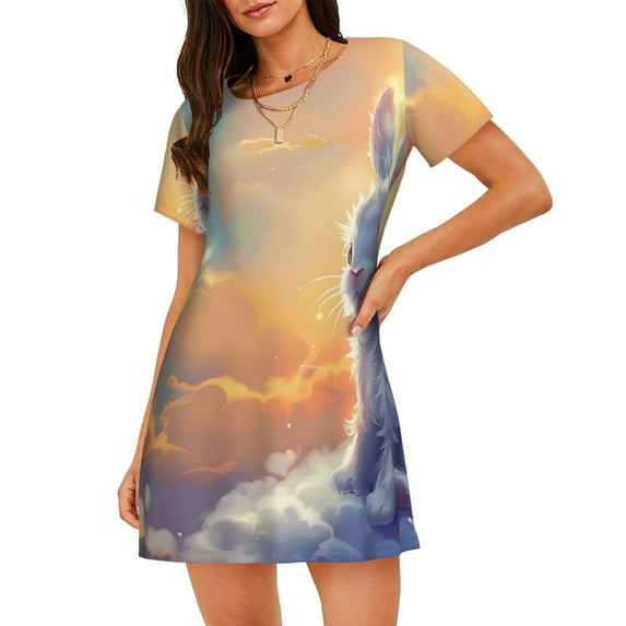 Kdxio Sunshine Colorful Cloud Rabbit Pattern Womens Short Sleeve Sleepshirt Scoopneck Cute Nightdress Ruffle Comfy Nightgown