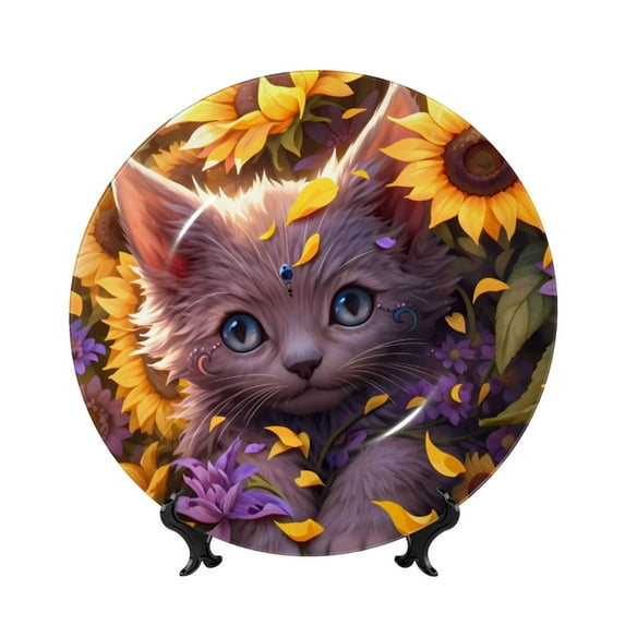 Kdxio Sunshine Cute Cat Sunflower Bone China Decorative Plate Ceramic Decorative Plate for Home Office Wall Stand Decorative Plates for Home Bedroom-7in