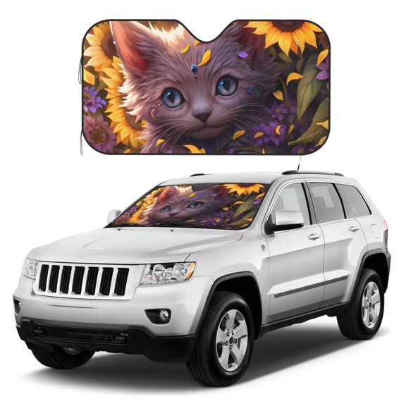 Kdxio Sunshine Cute Cat Sunflower Print Windshield Sun Shade, Foldable Sun Blocker for Car,Truck,SUV Automotive Interior Sun Protection,Reflective Shade for Front Windshield(Small)