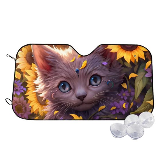 Kdxio Sunshine Cute Cat Sunflower Print Windshield Sun Shade,UV Rays and Sun Heat Protection,Sunshade for Car Windshield,Car Shade Front Windshield - Small