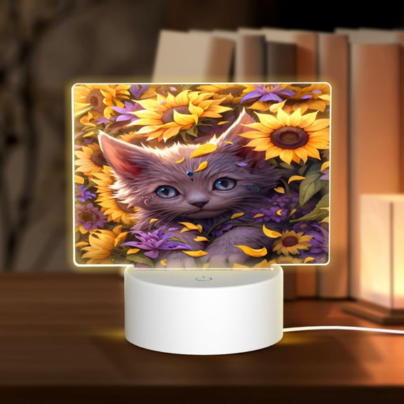 Kdxio Sunshine Cute Cat Sunflower Rectangular Acrylic Night Light Acrylic Sleep Night Light Friend Gifts for Birthday Gifts for Women Teens Boys Girls