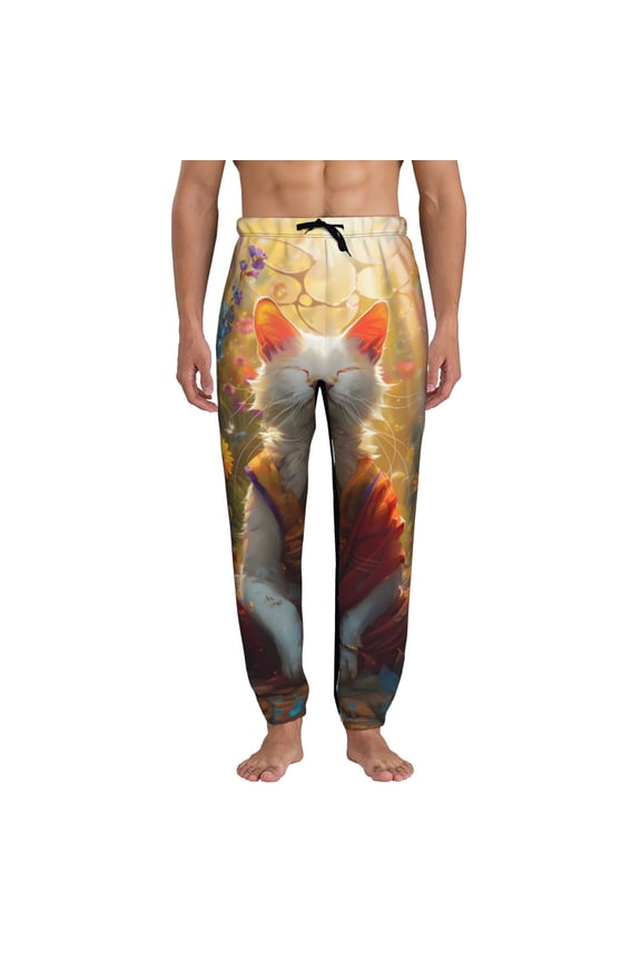 Sunshine Flower Meditating Cat Pattern Joggers,Sweatpants for Men with Pockets-X-Large