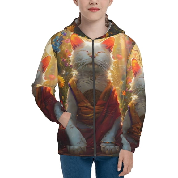 Kdxio Sunshine Flower Meditating Cat Pattern Kids Boys Girls Zip Up Hoodie 3D Printed Hooded Sweatshirt Hoody Coat with Pocket 7-12 Y-Small