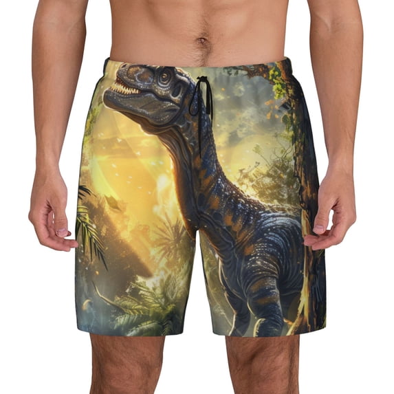 Kdxio Sunshine Jungle Dinosaur Print Men's Swim Trunks with Compression Liner 7 Inch Inseam Quick Dry Swim Shorts