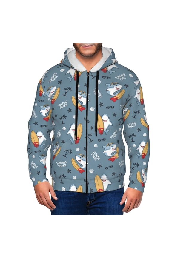 Surf Shark Print Men Hoodies Casual Hoodies for Men with Zip Pockets Full Zip Long Sleeve Sweatshirt Sports Hooded Jacket-Small