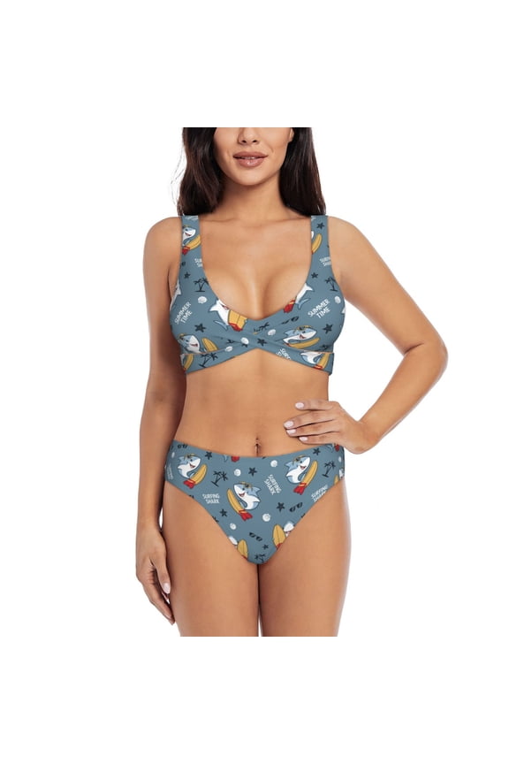 Surf Shark Print Women's 2 Piece High Waisted Wrap Spaghetti Strap Summer Swimsuit Bikini Set-X-Large