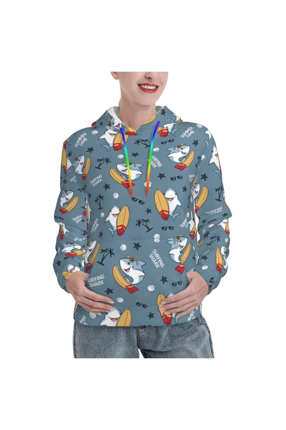 Surf Shark Print Womens Oversized Hoodies Sweatshirts Hooded Pullover Tops Sweaters Casual-X-Large