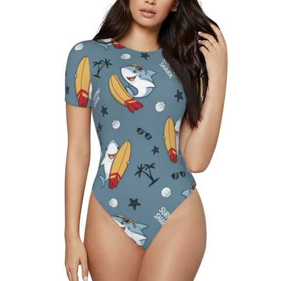 Kdxio Surf Shark for Women's Short-Sleeved Onesie Stylish Round Neck Pajamas Bodysuit Jumpsuit Nightwear-Small