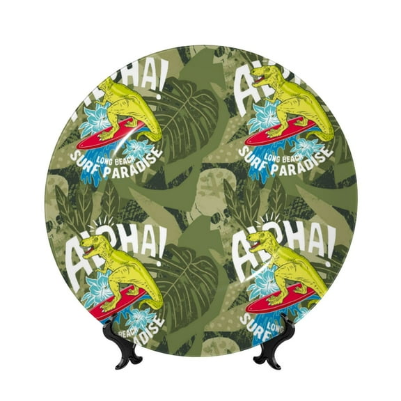 Kdxio Surfing Dinosaur Bone China Decorative Plate Ceramic Decorative Plate for Home Office Wall Stand Decorative Plates for Home Bedroom-8in