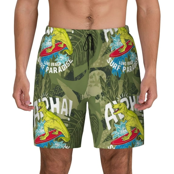 Kdxio Surfing Dinosaur Print Men's Swim Trunks with Compression Liner 7 Inch Inseam Quick Dry Swim Shorts
