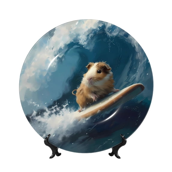 Kdxio Surfing Guinea Pig Bone China Decorative Plate Ceramic Decorative Plate for Home Office Wall Stand Decorative Plates for Home Bedroom-10in