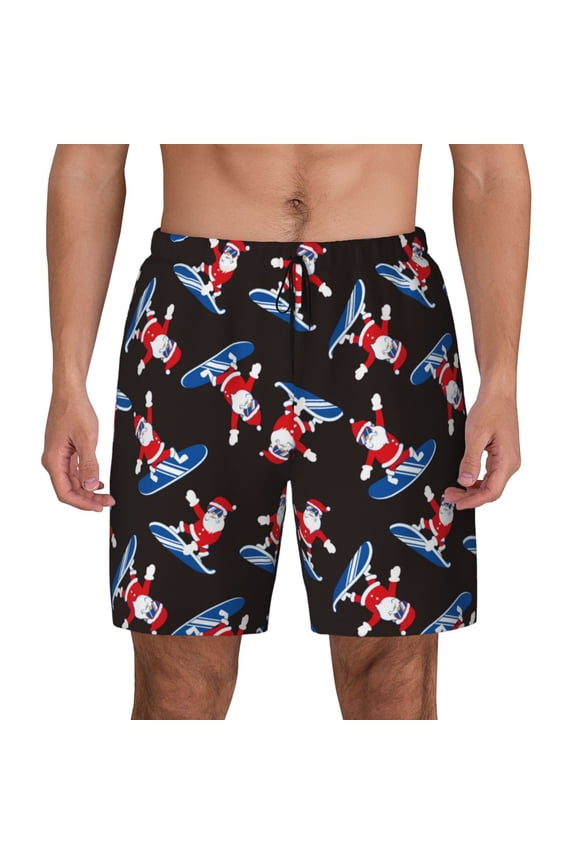 Surfing Santa Print Men's Swim Trunks with Compression Liner 7 Inch Inseam Quick Dry Swim Shorts