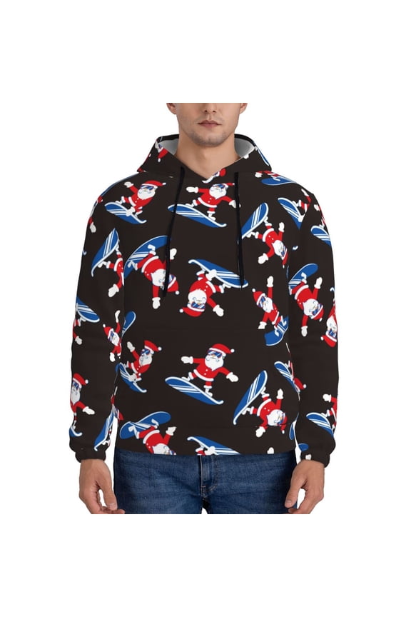 Surfing Santa Print Mens Casual Hooded Collar Drawstring Hoodies Pullover Sweatshirts Casual Long Sleeve Shirts-