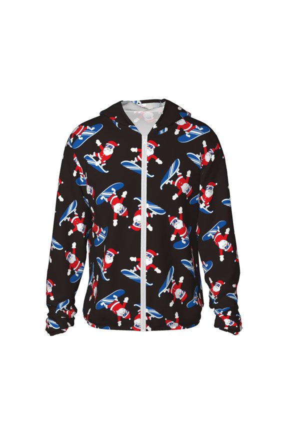 Surfing Santa Print Women Men Sun Protection UPF 50+ Jackets Zip Up Long Sleeve Hoodie Hiking Lightweight with Pockets