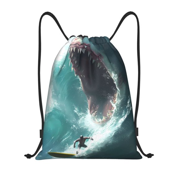 Kdxio Surfing Shark Print Drawstring Backpack Bag,Waterproof Draw String Back Sack, Gym Drawstring Bags Swim Bag For Unisex