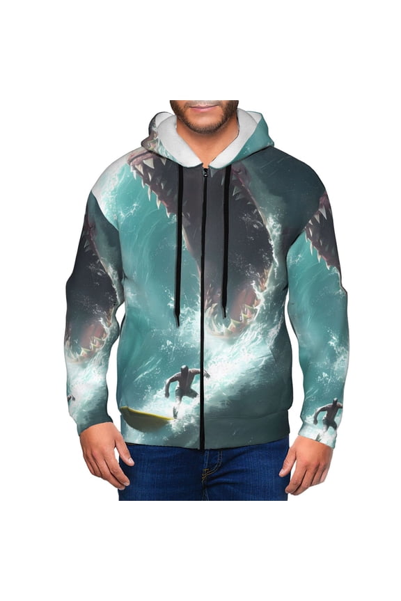 Surfing Shark Print Men Hoodies Casual Hoodies for Men with Zip Pockets Full Zip Long Sleeve Sweatshirt Sports Hooded Jacket-X-Large