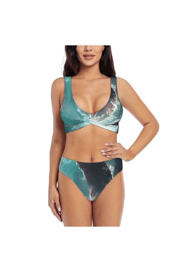 Surfing Shark Print Women's 2 Piece High Waisted Wrap Spaghetti Strap Summer Swimsuit Bikini Set-XX-Large