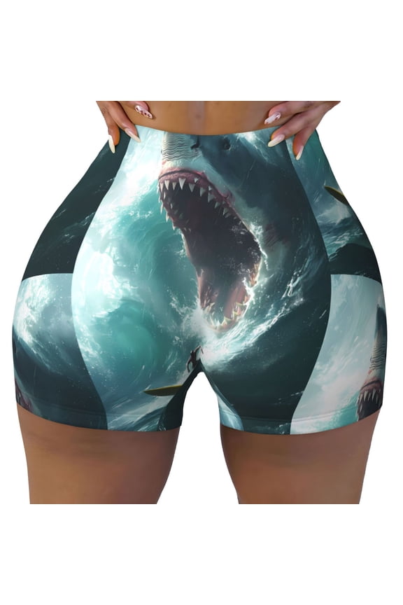Surfing Shark Print Workout Shorts for Women Seamless Soft Smooth Gym Yoga Scrunch Active Shorts
