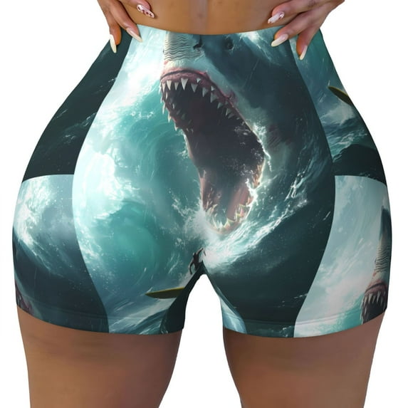 Kdxio Surfing Shark Print Workout Shorts for Women Seamless Soft Smooth Gym Yoga Scrunch Active Shorts