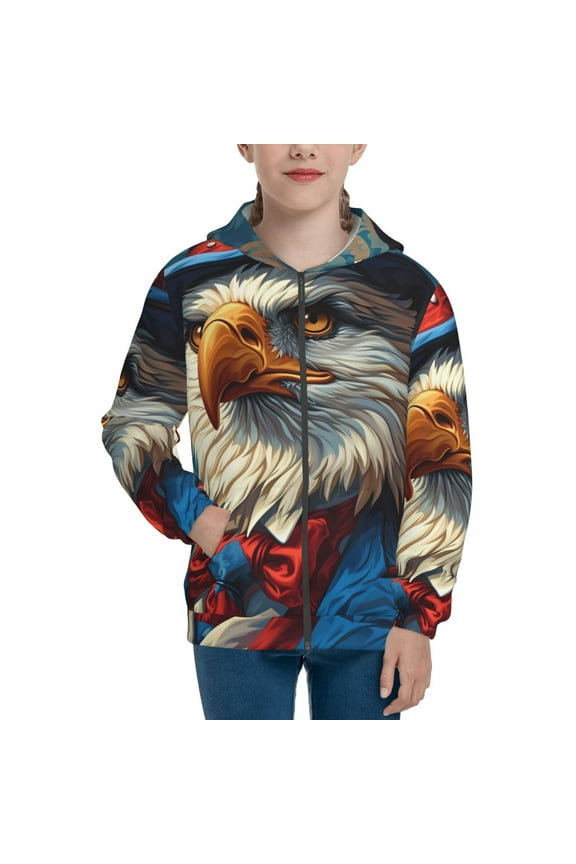 Surreal Bald Eagle Gentleman Pattern Kids Boys Girls Zip Up Hoodie 3D Printed Hooded Sweatshirt Hoody Coat with Pocket 7-12 Y-Medium