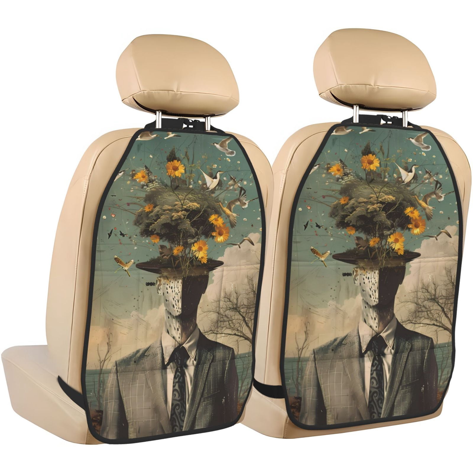Kdxio Surreal Floral Mindscape Print 2 Pack Car Kick Mat Seat Cover Back Protector Mat with Pockets for Organizer Backseat Protector and Storage Anti Kick Pad for Vehicles