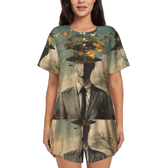 Kdxio Surreal Floral Mindscape Print Pajamas Sets for Women Short-Sleeved Pjs with Lounge Shorts Two Piece Sleepwear S-4XL