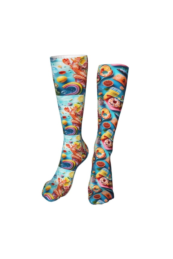 Surreal Seafood Extravaganza Funny Silky Novelty Funky Long Knee High Socks Soft 3D Print Cosplay Crazy Stockings for Men Women