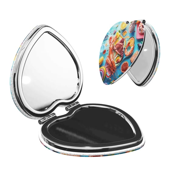 Kdxio Surreal Seafood Extravaganza Pocket Mirror, 1X/2X Travel Makeup Mirror 2-Sided Folding Small Mirror Portable Double-Sided Magnifying Cosmetic Mirror for Gift-Heart Shape