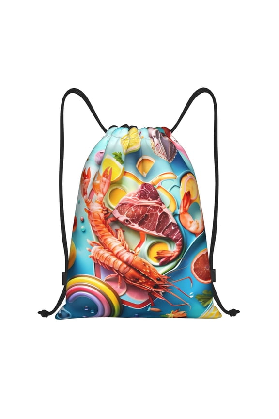 Surreal Seafood Extravaganza Print Drawstring Backpack Bag,Waterproof Draw String Back Sack, Gym Drawstring Bags Swim Bag For Unisex