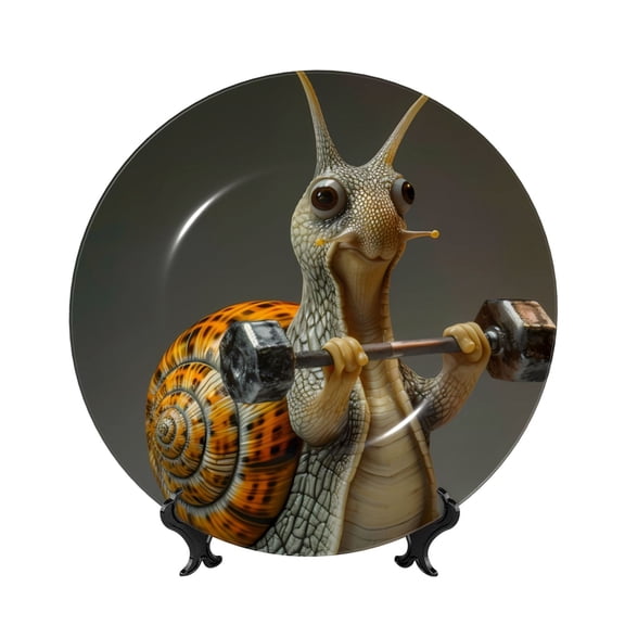 Kdxio Surreal Weightlifting Snail Bone China Decorative Plate Ceramic Decorative Plate for Home Office Wall Stand Decorative Plates for Home Bedroom-6in