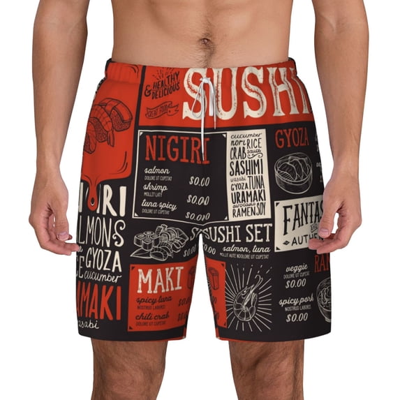 Kdxio Sushi Menu Print Men'S Swim Trunks With Compression Liner 7 Inch Inseam Quick Dry Swim Shorts
