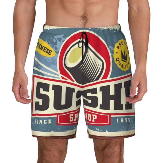Kdxio Sushi Retro Sign Print Men'S Swim Trunks With Compression Liner 7 Inch Inseam Quick Dry Swim Shorts