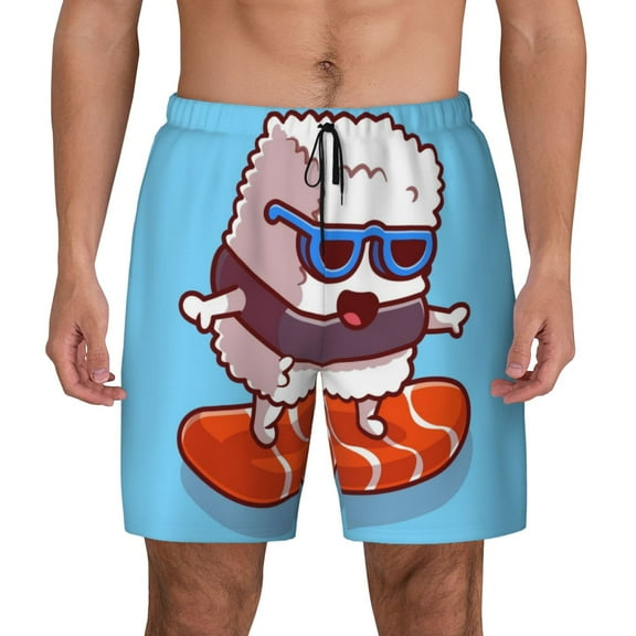 Kdxio Sushi Salmon Surfing Print Men'S Swim Trunks With Compression Liner 7 Inch Inseam Quick Dry Swim Shorts